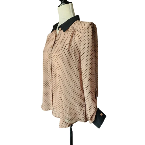 Mine Black & Tan Polka Dot Long Sleeve Sheer Button Down Blouse Top Women's M - Picture 5 of 12